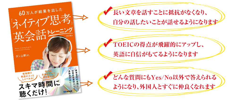 ?長い文章を話すことに抵抗がなくなり、自分の話したいことが話せるようになります
?TOEICの得点が飛躍的にアップし、英語に自信がもてるようになります
?どんな質問にもYes/No以外で答えられるようになり、外国人とすぐに仲良くなれます